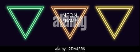 Neon triangle Frame. Set of triangular neon Border with double outline. Geometric shape with copy space, futuristic graphic element for social media s Stock Vector