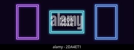 Neon rectangle Frame. Set of rectangular neon Border with double outline. Geometric shape with copy space, futuristic graphic element for social media Stock Vector