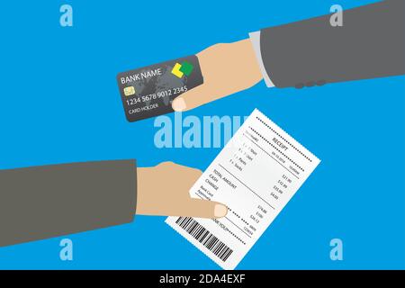 One hand give Receipt bill paper invoice and second hand holding Stock Vector