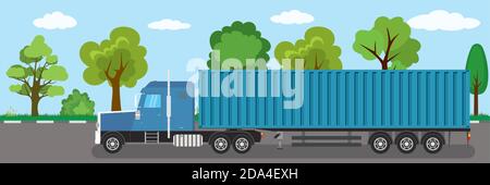Trailer truck long vehicle with cargo container on road. Stock Vector