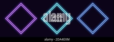 Neon rhomb Frame. Set of rhombus neon Border with double outline. Geometric shape with copy space, futuristic graphic element for social media stories Stock Vector