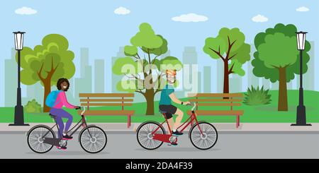 African american woman and european male cyclist riding in the p Stock Vector