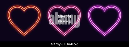 Neon heart Frame. Set of romantic neon Border with double outline. Heart shape with copy space, graphic element for Valentine day and social media sto Stock Vector