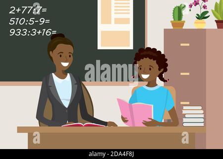 African american Woman teacher tutor,tutoring girl kid at school Stock Vector