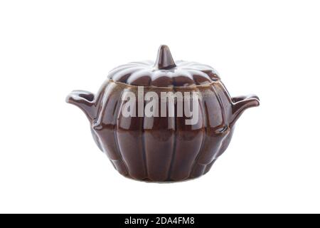 Clay pots for cooking isolated on white background. Brown ceramic pot for baking Stock Photo