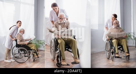collage of emotional geriatric sister near aged disabled man reading newspaper in wheelchair, banner Stock Photo