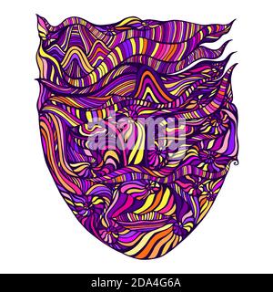 Multicolor bizarre surreal psychedelic anthropomorphic face with many patterns,isolated on white background Stock Vector
