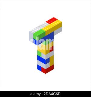 Isometric font made from color plastic blocks. The childrens designer. Letter T. Vector illustration Stock Vector