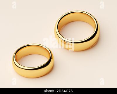 Two wedding gold rings lie next to each other. Love concept. 3d rendering Stock Photo