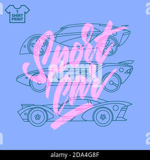 T-shirt template Sports cars with super cars linear icons. Vector illustration Stock Vector