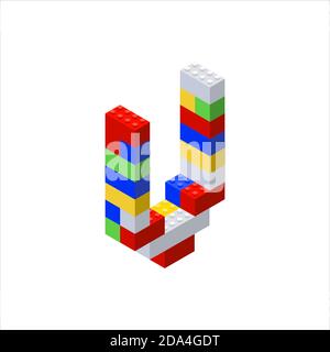 Isometric font made from color plastic blocks. The childrens designer. Letter U. Vector illustration Stock Vector