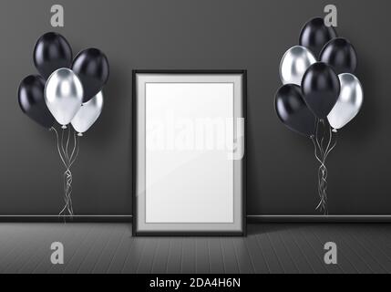 Black photo frame standing on floor in empty room with balloons. Vector realistic mockup of interior decoration with blank poster, white and black balloons for events in home, gallery or office Stock Vector