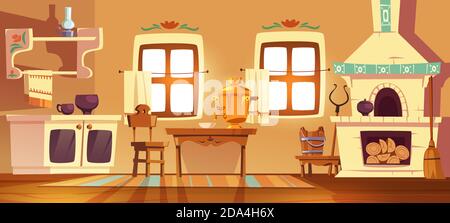 Old rural russian kitchen oven, samovar, table, chair and grip. Vector cartoon interior of traditional ukrainian ancient house with stove, wooden furniture, broom and oil lamp Stock Vector