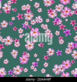 Seamless pattern with pink plumeria on green backgound. Stock Vector