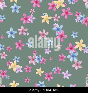 Multicolored plumeria flowers on a green background. Seamless pattern. Vector illustration. Stock Vector