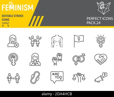 Feminism line icon set, gender equality collection, vector sketches, logo illustrations, feminism icons, equal rights signs linear pictograms Stock Vector