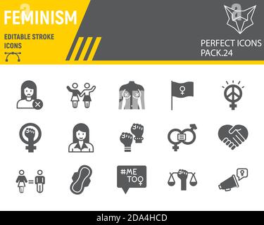 Feminism glyph icon set, gender equality collection, vector sketches, logo illustrations, feminism icons, equal rights signs solid pictograms Stock Vector