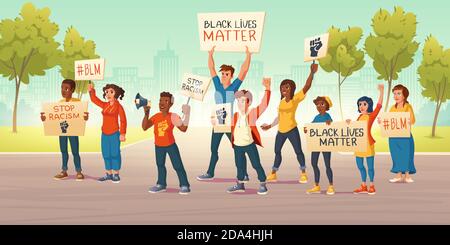 People hold banners with black lives matter and fist on city street. Vector cartoon illustration of protest demonstration against racism. White and african american activists act for human rights Stock Vector