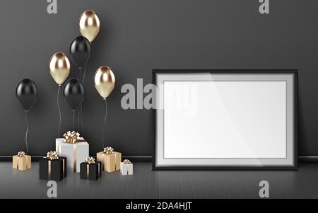 Blank frame, balloons and wrapped gift boxes of gold and black colors on grey wall background. Birthday congratulation, empty border and presents on wooden floor in room, Realistic 3d vector mockup Stock Vector