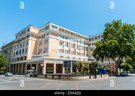 Baku, Azerbaijan – July 5, 2020. Administrative building on the intersection of 28th May Street and Bulbul Avenue in Baku. During the Soviet era, the Stock Photo