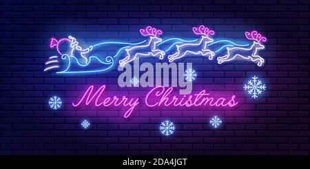 Neon sign lettering Merry christmas with santa claus and reindeer team and snowflakes on brick wall background. Glowing inscription banner, vector Stock Vector
