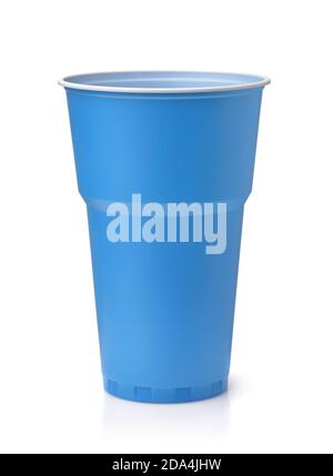 Front view of blue plastic disposable beer cup isolated on white Stock Photo