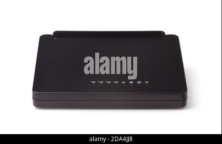 Front view of black ethernet router isolated on white Stock Photo