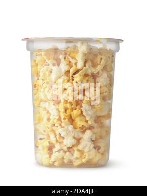 Front view of popcorn in clear plastic bucket isolated on white Stock Photo