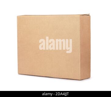 Blank brown flat cardboard box isolated on white Stock Photo