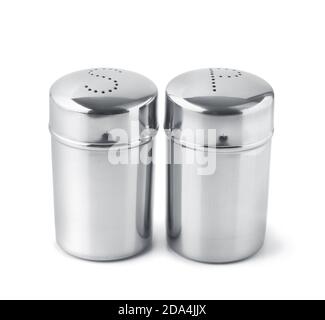 Stainless steel salt and pepper shakers isolated on white Stock Photo