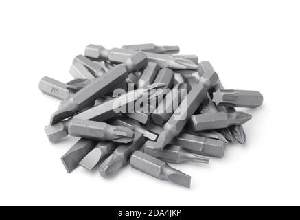 Pile of replacement impact screwdriver bits isolated on white Stock Photo