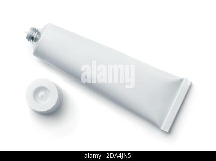 Top view of open blank cosmetic tube isolated on white Stock Photo
