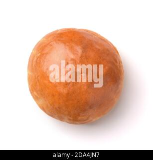 Top view of fresh baked wheat bun isolated on white Stock Photo