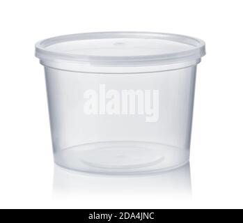 Front view of round transparent disposable food container isolated on white Stock Photo