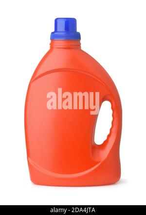 Side view of red plastic bottle with handle isolated on whit Stock Photo