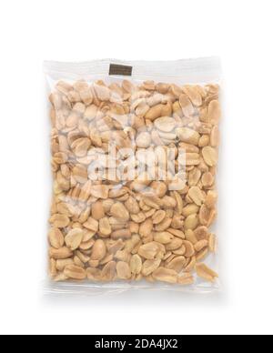 Top view of salted roasted peanuts in plastic bag isolated on white Stock Photo