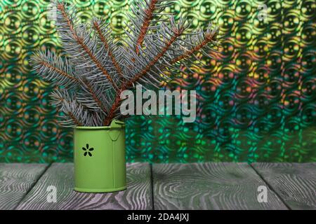 Branches of blue spruce in a decorative bucket. On brushed pine boards painted black and white. The background is an iridescent surface of green. Stock Photo