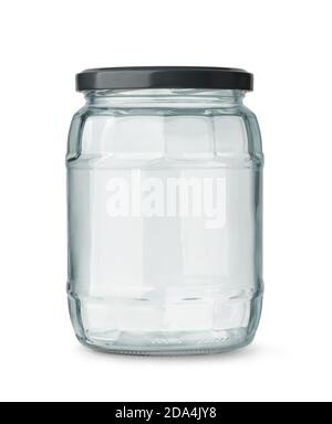 Front view of empty glass jar with black metal cap isolated on white Stock Photo