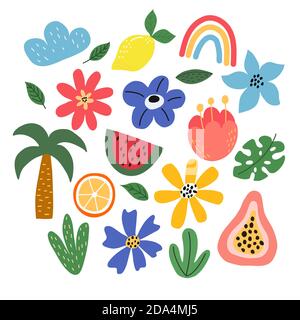 Set of bright beautiful tropical elements on a white background, in vector grphics. For the design of postcards, posters, notebook covers, packaging Stock Vector