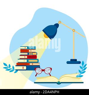 Stack of books, an open book, glasses, next to table lamp. Education concept. Vector flat illustration. Stock Vector