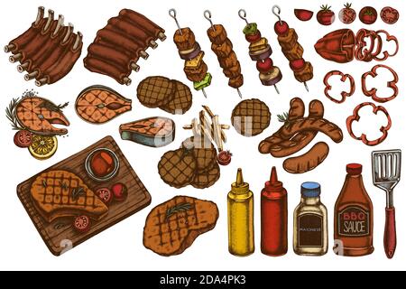 Vector set of hand drawn colored spatula, Pork ribs, kebab, sausages, steak, sauce bottles, grilled burger patties, grilled tomato, grilled salmon Stock Vector