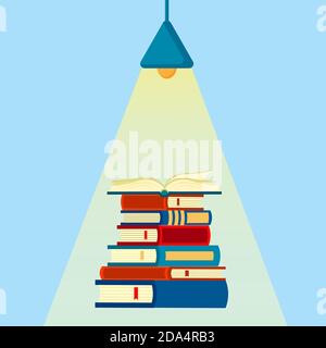 Stack of book, open book under the light from the lamp, isolated on white background. Knowledge, education, studying concept. Vector flat illustration Stock Vector