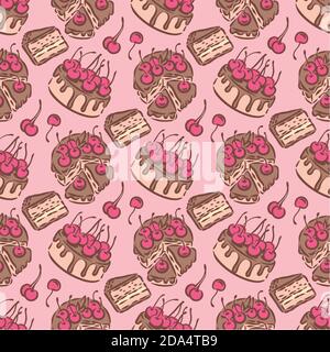 Birthday wedding tasty delicious dessert cake illustration seamless pattern Stock Vector