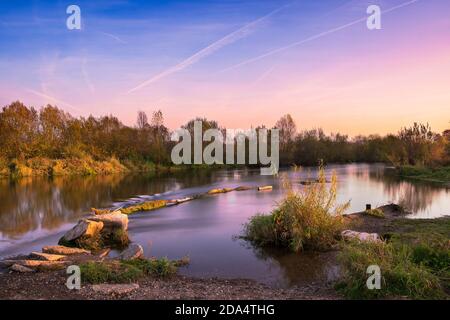 Sunset sky over Main river in autumn, long exposure Stock Photo