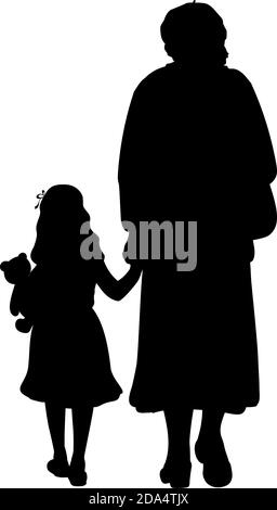 Silhouette of grandmother walking with granddaughter Stock Vector