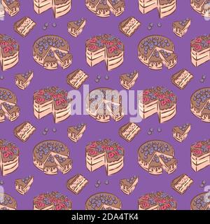 Birthday wedding tasty delicious dessert cake illustration seamless pattern Stock Vector