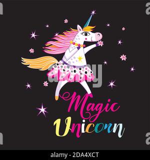 Vector illustration of a cheerful unicorn on a dark background. Festive fairy unicorn for website and greeting cards. Stock Vector