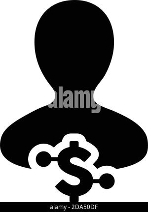 Revenue icon vector digital dollar currency with male user person profile avatar for digital wallet in a glyph pictogram illustration Stock Vector