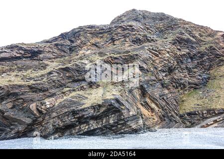 Millook Haven exhibits the best example of chevron faults in the British Isles. Stock Photo