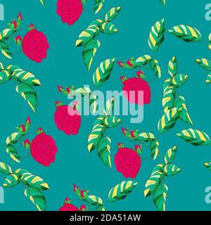seamless pattern red roses and bright green leaves on blue background Stock Vector